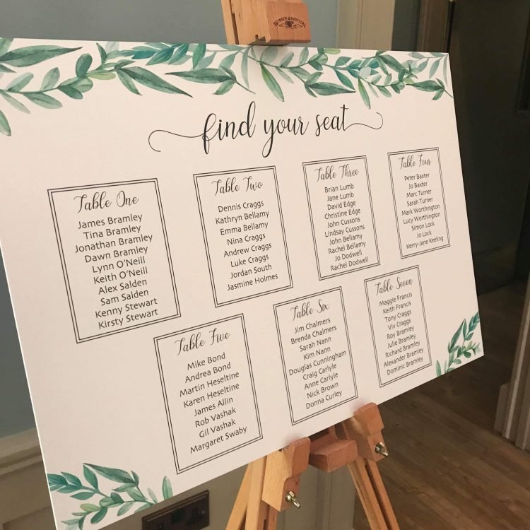 Wedding table plan with green leaf design